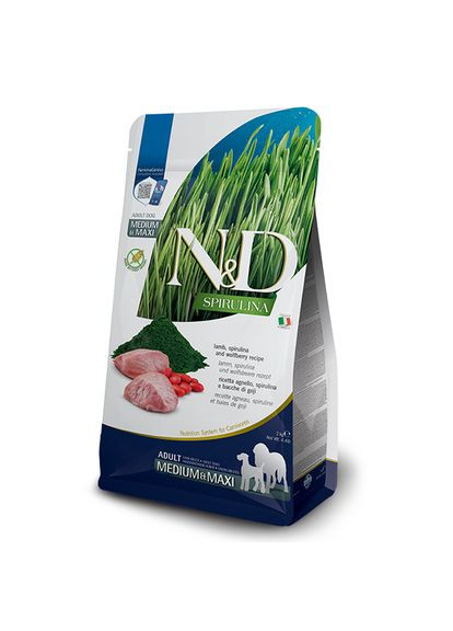 Фармін сухий корм для собак N&D SPIRULINA LAMB ADULT MEDIUM & MAXI з ягнятком, спіруліною та ягодами годжі, 2 кг Farmina (334058409)