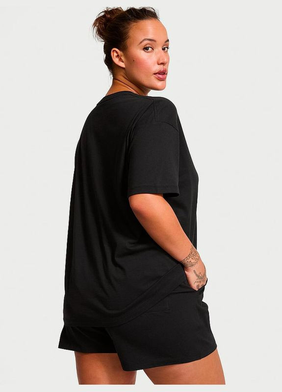 Черная пижама (футболка + шорты) женская 100% cotton short pajama set черная котон Victoria's Secret