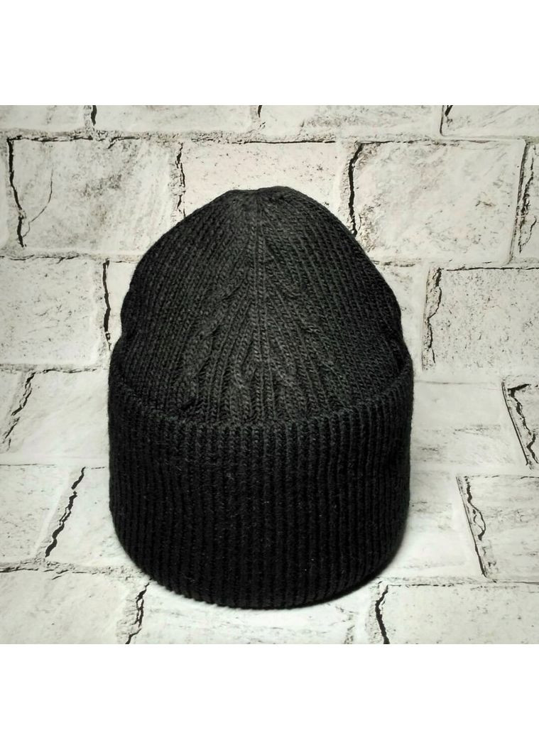 Шапка жіноча в'язана Лопата на флісі 52-58 см Чорна No Brand (354781209)