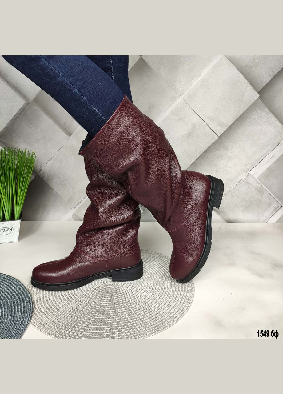 Комбіновані шкіряні чоботи демісезонні без блискавки бордового кольору No Brand