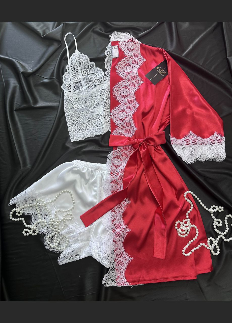 Червона всесезон домашній комплект (мереживний топ + шорти + халат) топ + шорти Ghazel