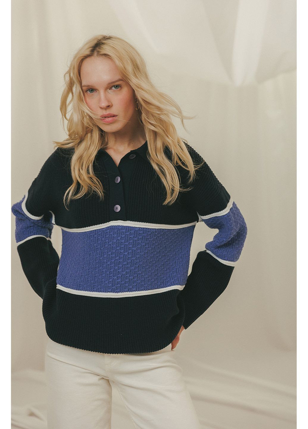 Синій демісезонний светр поло в смужку Sage