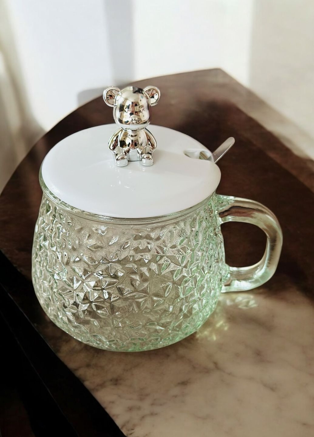 Чашка с крышкой и ложкой стеклянная чайная 400мл No Brand (331647872)