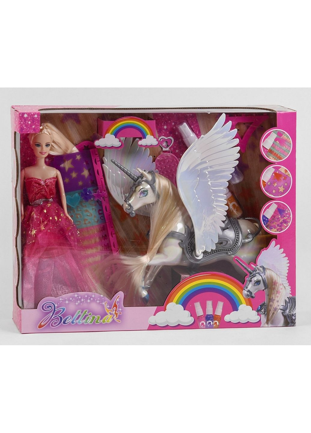 Кукла с лошадью пегас, трафарет, 3 краски для волос, аксессуары, в коробке Bettina (288135357)