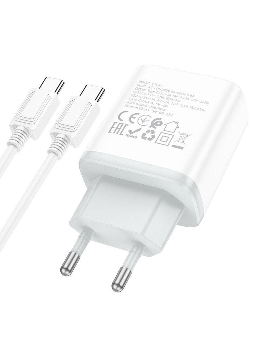 Мережевий зарядний пристрій C105A Stage dual port PD20W+QC3.0 charger set (Type-C to Type-C)(EU) White Hoco (367724201)