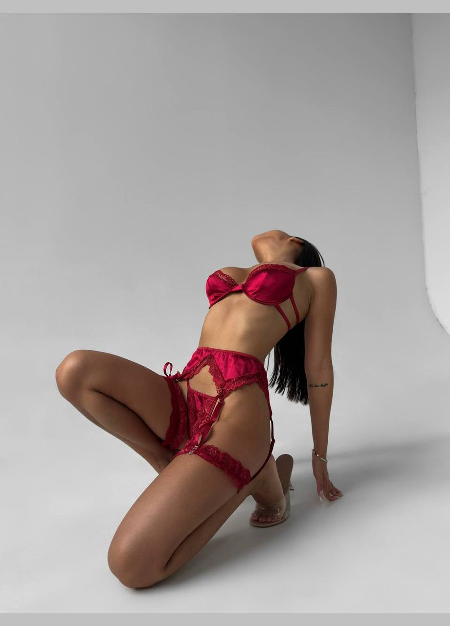 Бордовий комплект жіночої білизни з поясом і гартерами Simply sexy