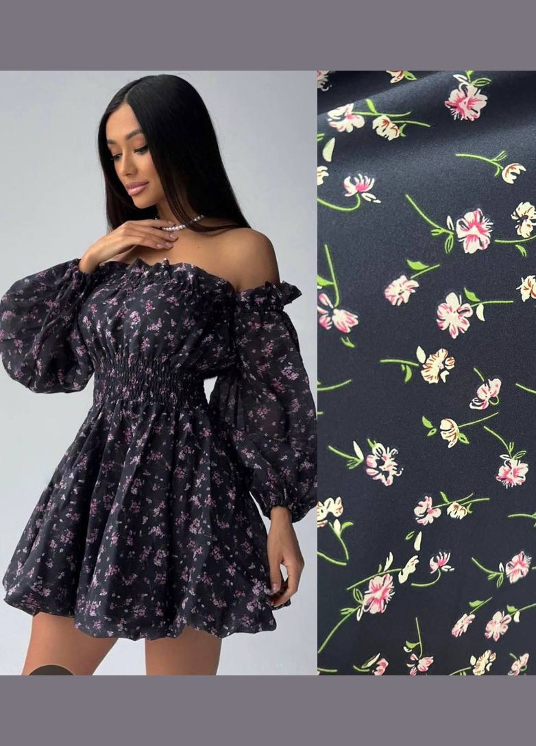 Темно-синя синя літня сукня в квітковому принті з якісного софту з довгим рукавом, вечірня коротка сукня з відкритим декольте No Brand