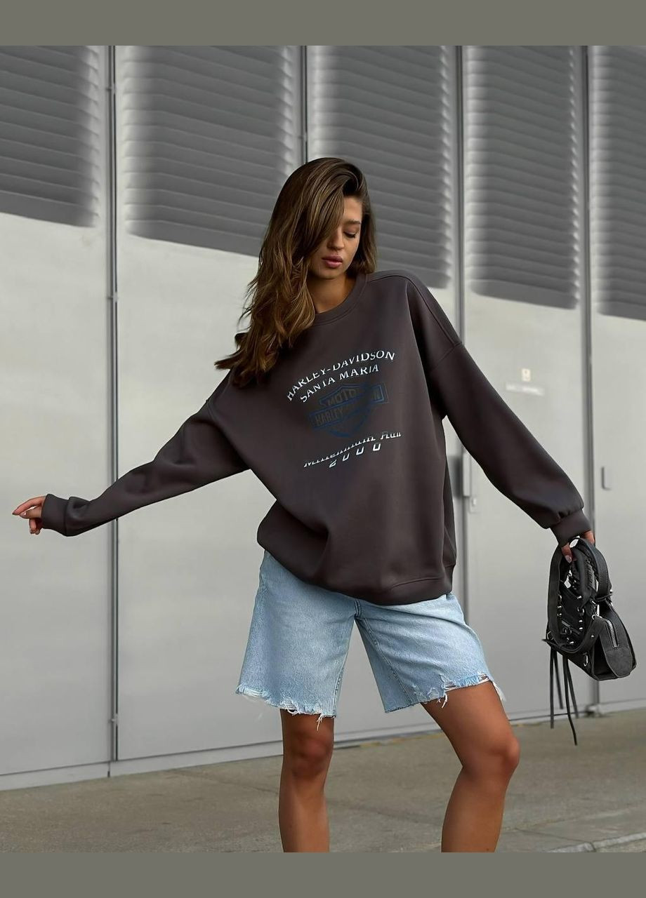 Графитовый свитшот женский - стильный, на флисе, оверсайз фасон, качественный накат JUGO однотонный без декора (315885785)