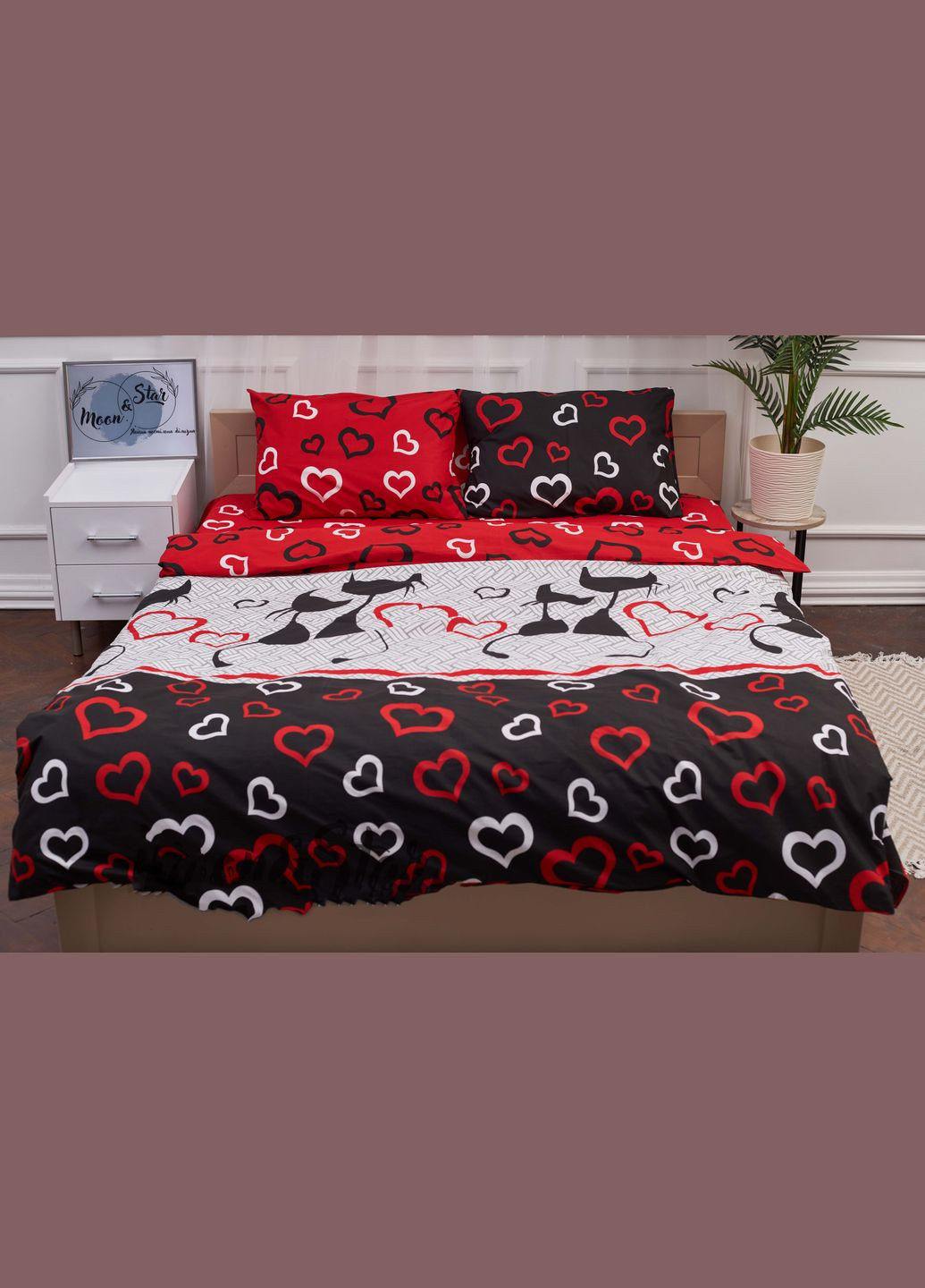 Комплект постільної білизни полуторний євро 160х220 наволочки 2х40х60 Бязь Gold Люкс (MS-820001168) Moon&Star Love Cats (285716962)