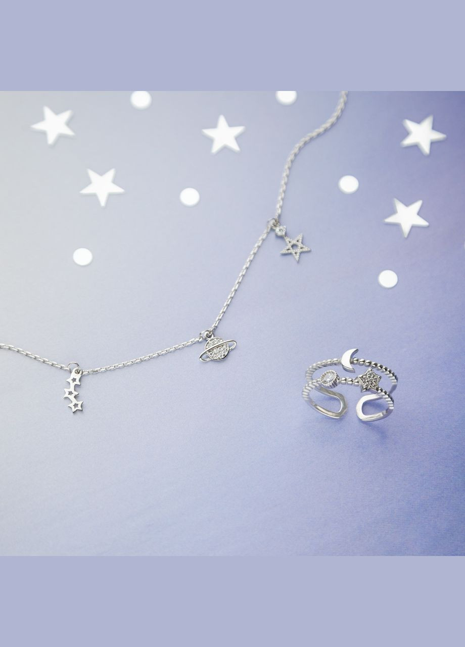 Срібна каблучка Космос незамкнена блискуча сонце місяць та зірка з фіанітами No Brand (333705665)