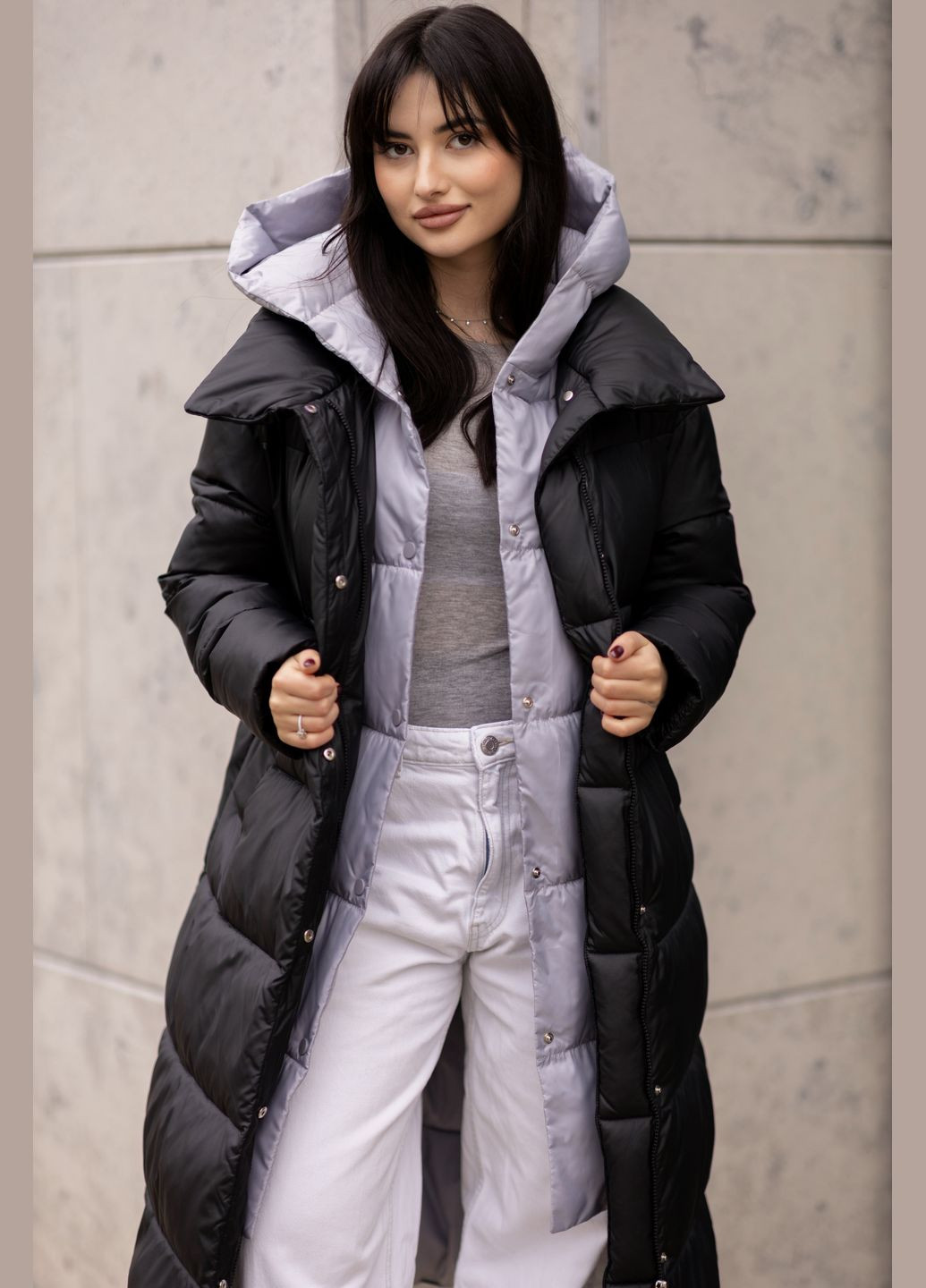 Чорне зимнє Жіноче зимове довге пальто трансформер 8998 трансформер Svidni