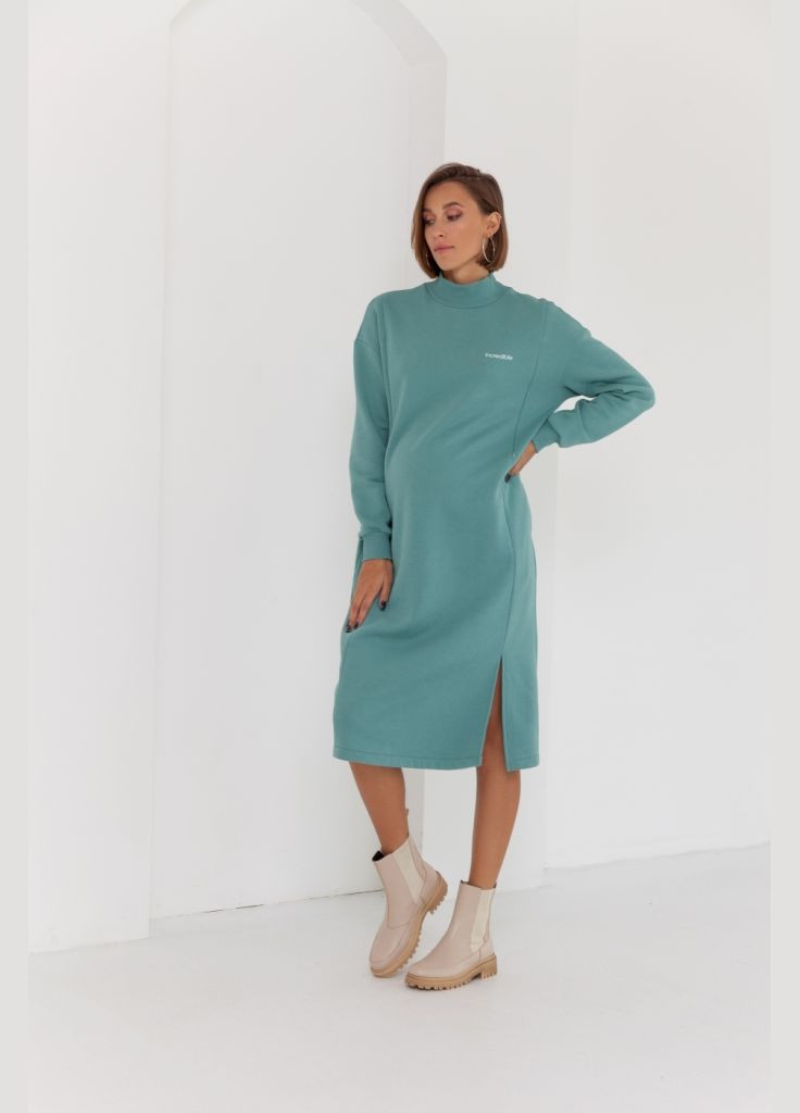 Зелена стильна сукня для вагітних та годуючих тепла з начосом колір полин Юла мама