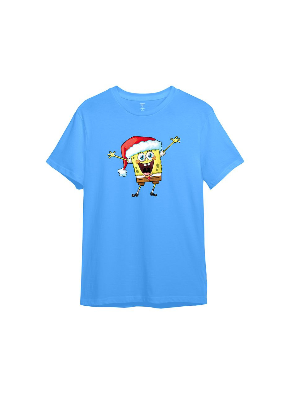 Блакитна демісезонна дитяча новорічна футболка з принтом "щаслива губка". spongebob squarepants (10196486214) ТiШОТКА