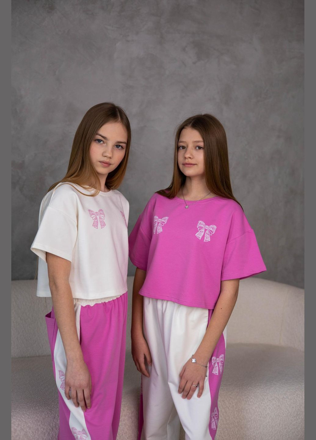 Рожевий літній комплект "бантики" з рожевою футболкою брючний IRmAS оверсайз