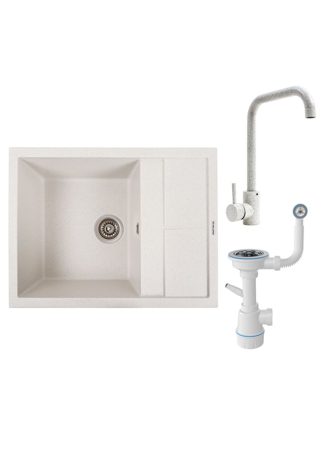 Комплект: Мийка LOTOS 6550 біла в крапку + Змішувач NS02A білий в крапку + Сифон 1041 Valeso (362210007)