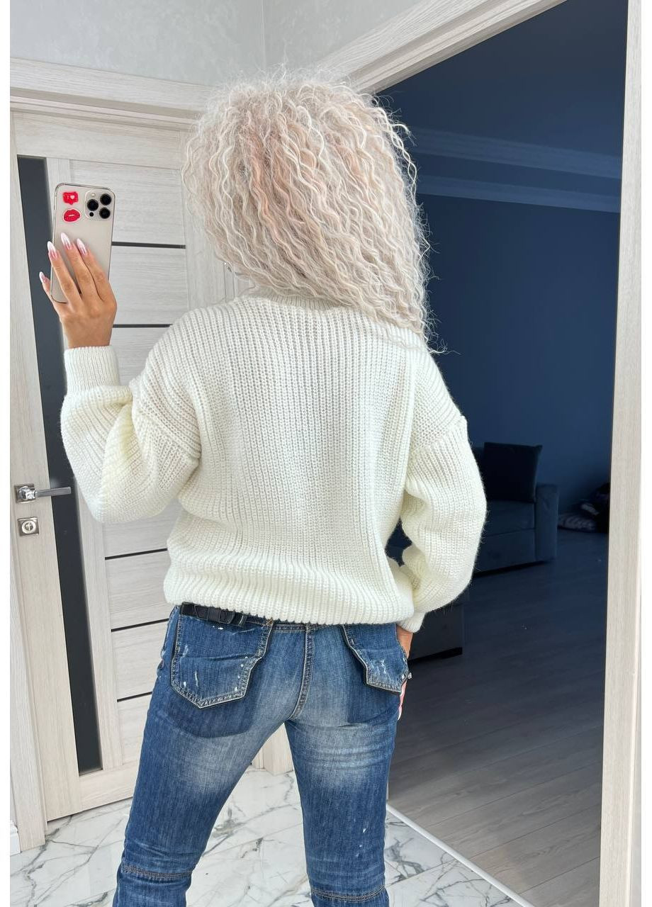 Молочний демісезонний жіночий напіввовняний светр з фактурною в’язкою джемпер No Brand