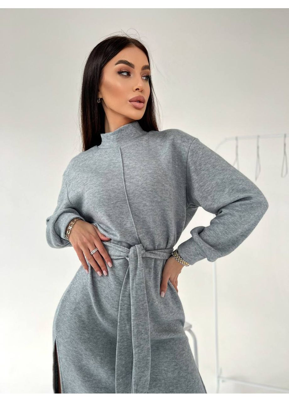 Серое кэжуал женское платье с разрезами в длине меди из ангоры MonCher