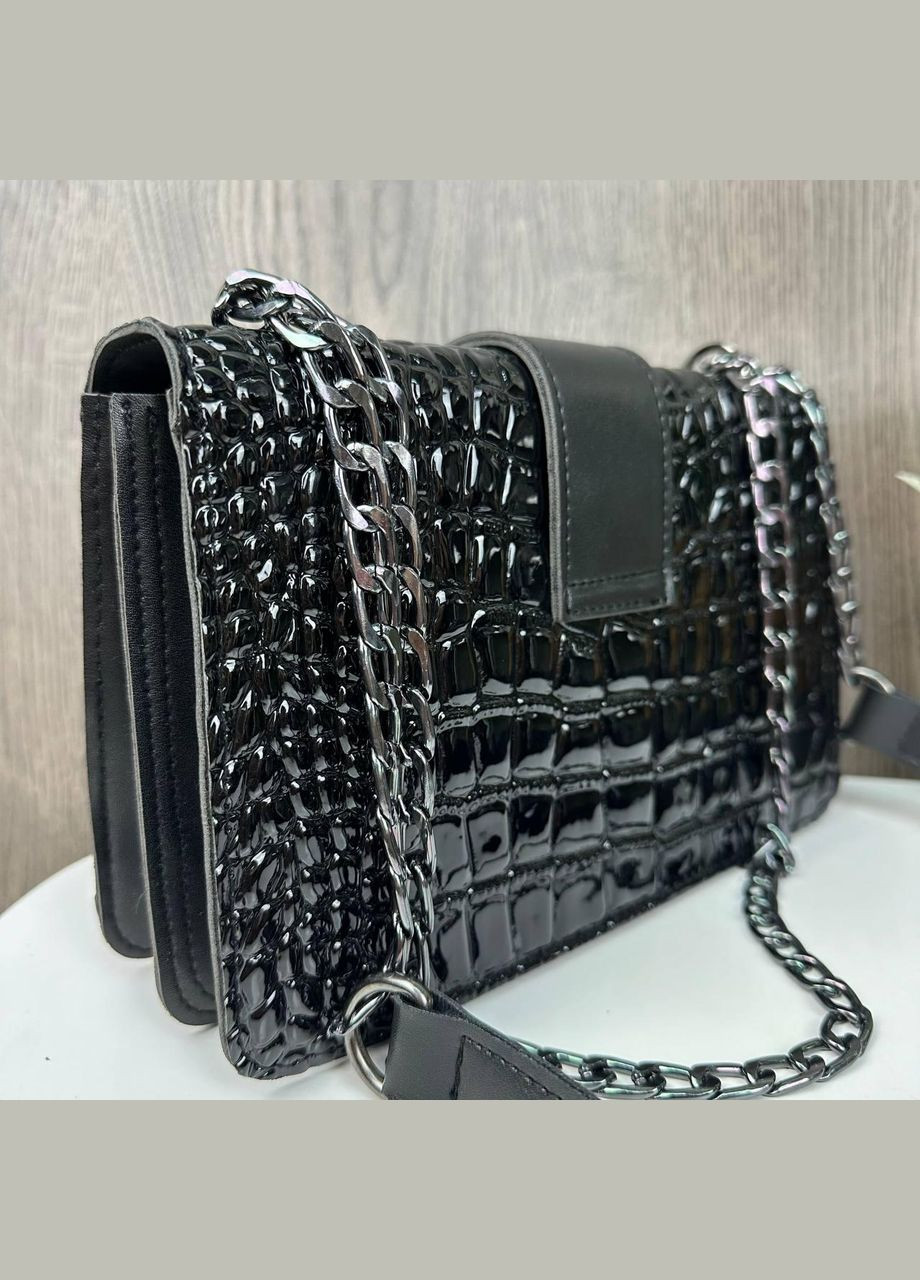 Женская мини сумочка клатч лаковая рептилия с магнитом, цепочка, черная (sku_1617) No Brand (330576168)