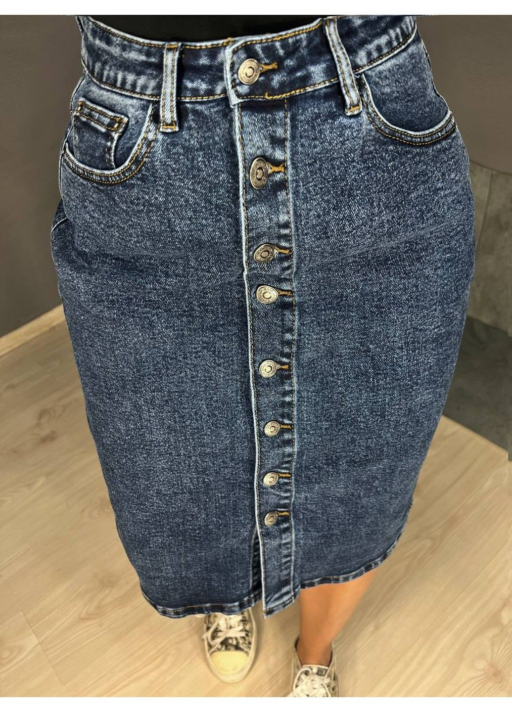 Спідниця жіноча джинсова 8238 на гудзиках середньої довжини збільшені розміри синя Vanver (338629037)