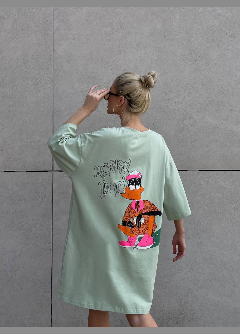 Фисташковое повседневный, кэжуал платье платье-футболка No Brand с рисунком