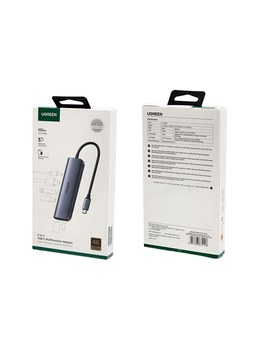 Хаб USBC to 2 Ports USB3.0-A Hub + HDMI + TF/SD with PD Power Supply (Space Gray) Ugreen (315143928)