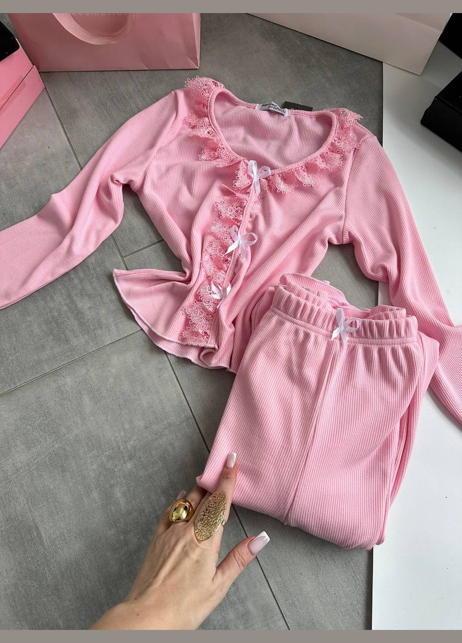 Розовая всесезон женская пижама с бантами топ + брюки Avanti