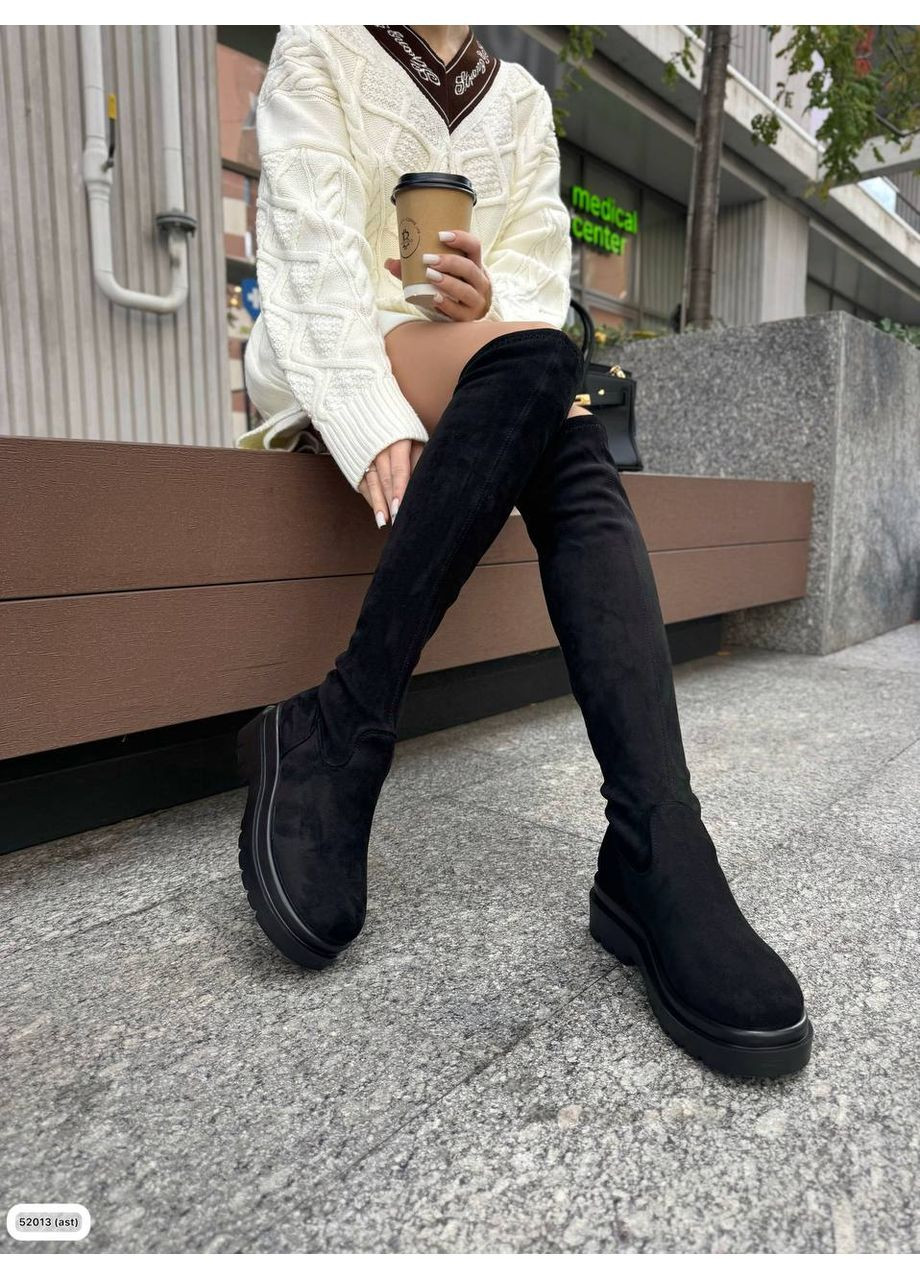 Черные осенние женские демисезонные ботфорты чулки эко замш черный цвет No Brand