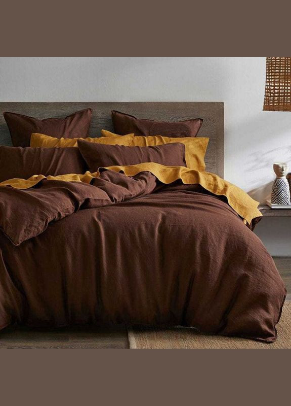 Постільна білизна ДУЕТ Коричневий/Охра Ранфорс Полуторна на резинці MERISET (278255009)