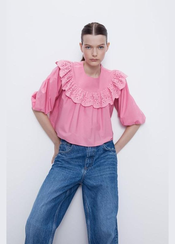 Рожева блузка рожева з попліну рюша вільного крою оверсайз рукав фонарик Zara