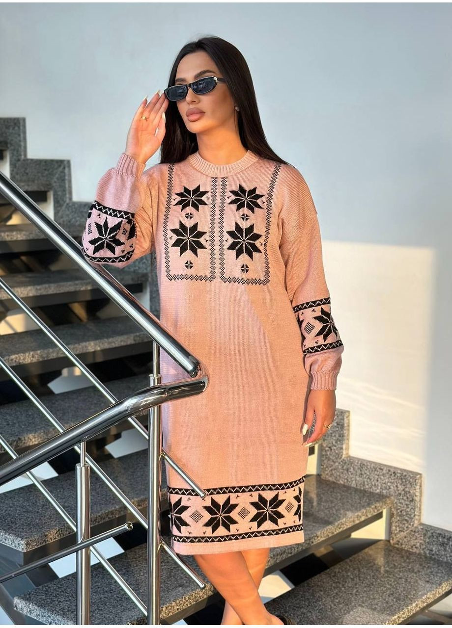 Бледно-розовое праздничный, повседневный, кэжуал женское вязаное платье No Brand с орнаментом