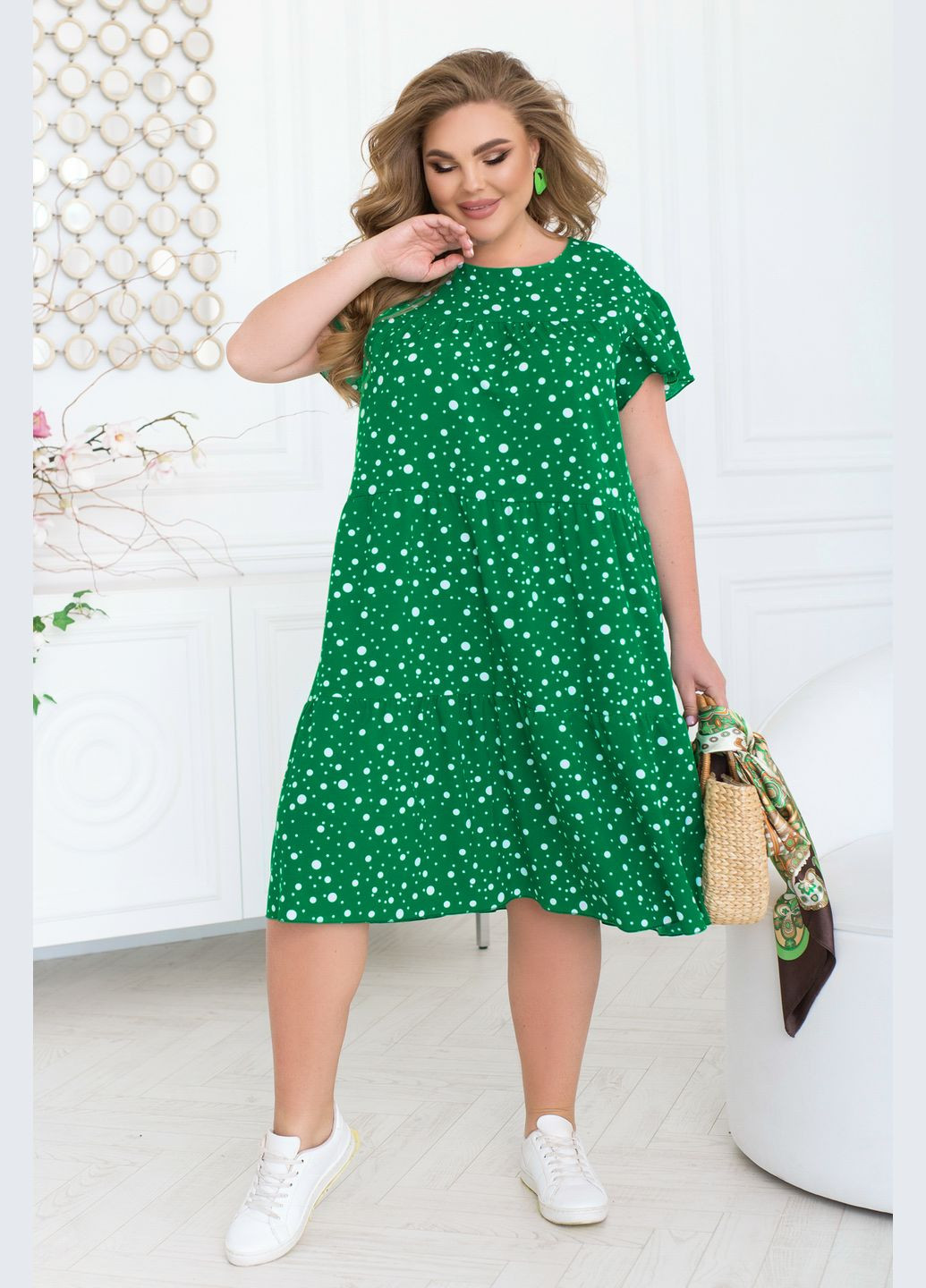 Зеленое повседневный платье в горошек а-силуэт No Brand в горошек
