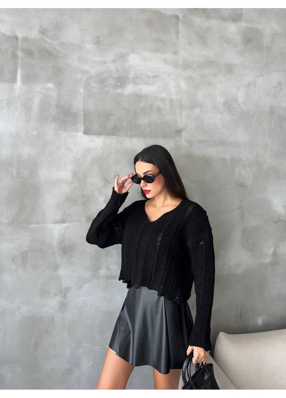 Чорний демісезонний 🧶 оверсайз светр із v-вирізом та фактурною в'язкою – трендова легкість у кожному русі! розмірна сітка в описі DK/DL Мода без кордонів