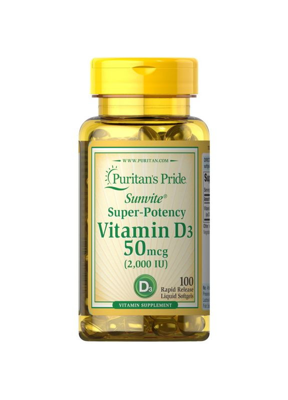 Витамины и минералы Vitamin D3 2000 IU, 100 капсул Puritans Pride (350352319)