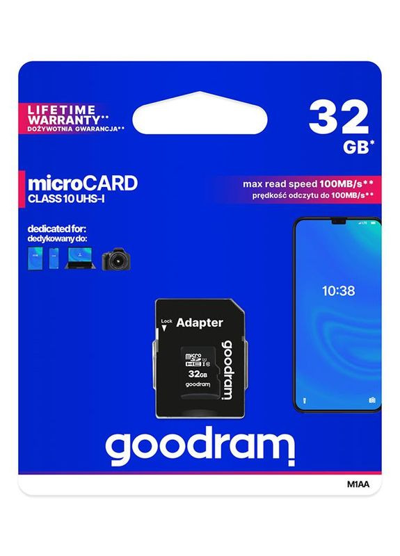 Карта памяти MicroSDHC 32GB UHS-I Class 10 + SD-adapter (M1AA-0320R12) Goodram (336952000)