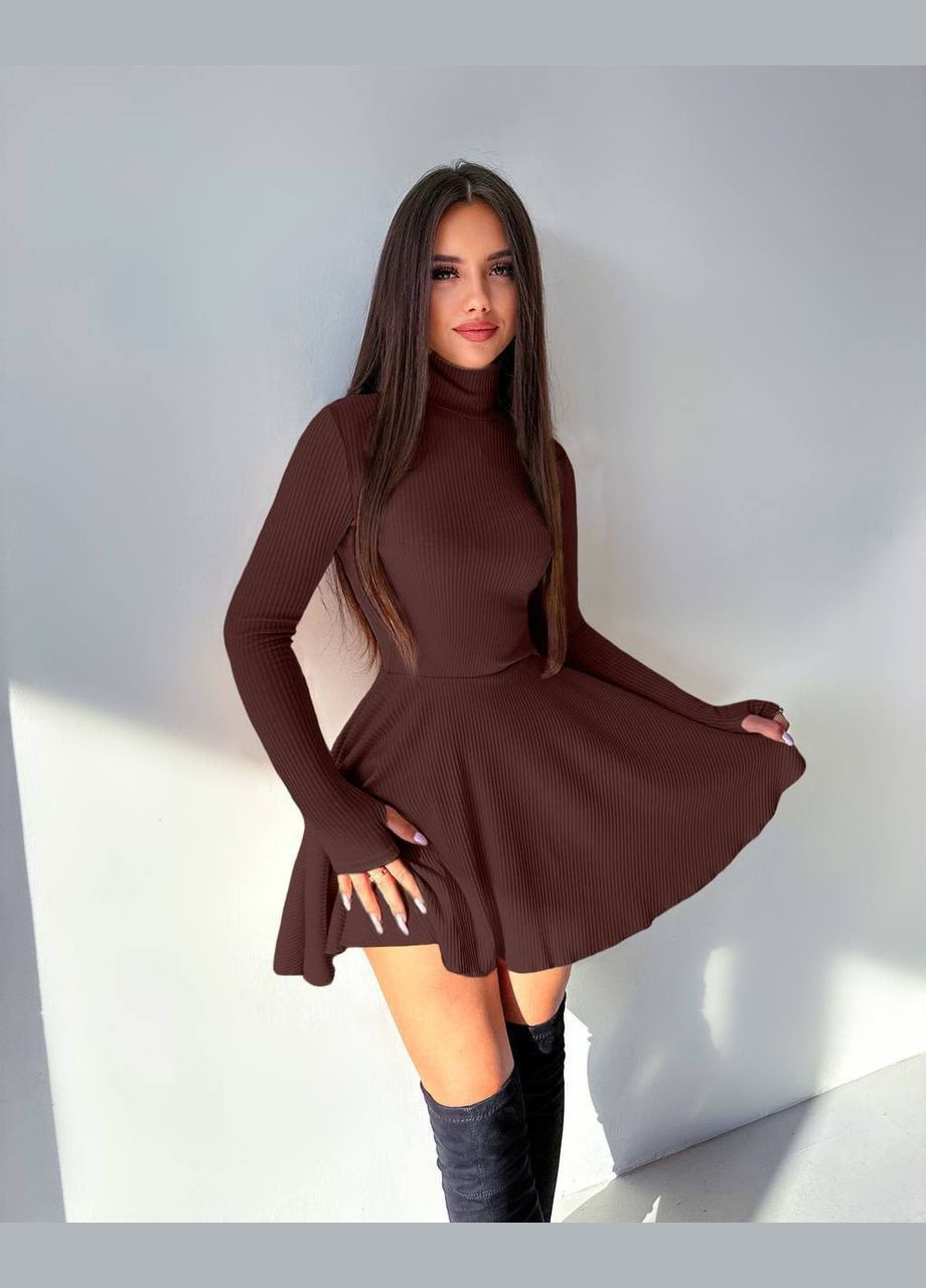 Коричневое праздничный, коктейльное, повседневный, кэжуал, вечернее женское черное приталенное укороченное платье мини рубчик с юбкой-солнце No Brand однотонное