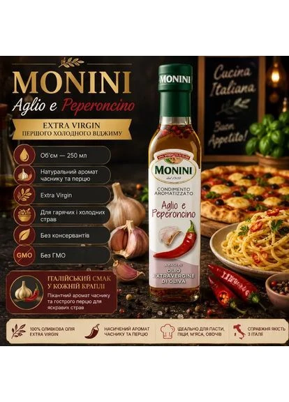 Оливковое масло Extra Virgin Aglio e Peperoncino 250 мл первого холодного отжима с чесноком и перцем Monini (400071425)