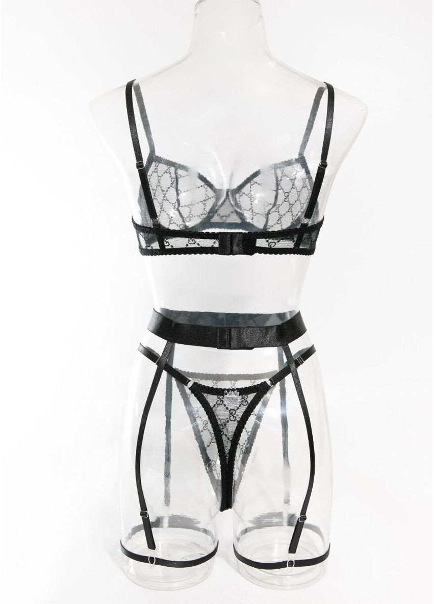Чорний демісезонний стильний комплект білизни в сітку з гартерами на поясі спокуслива жіноча білизна з логотипом регуляторами застібка на гачках Cindylove