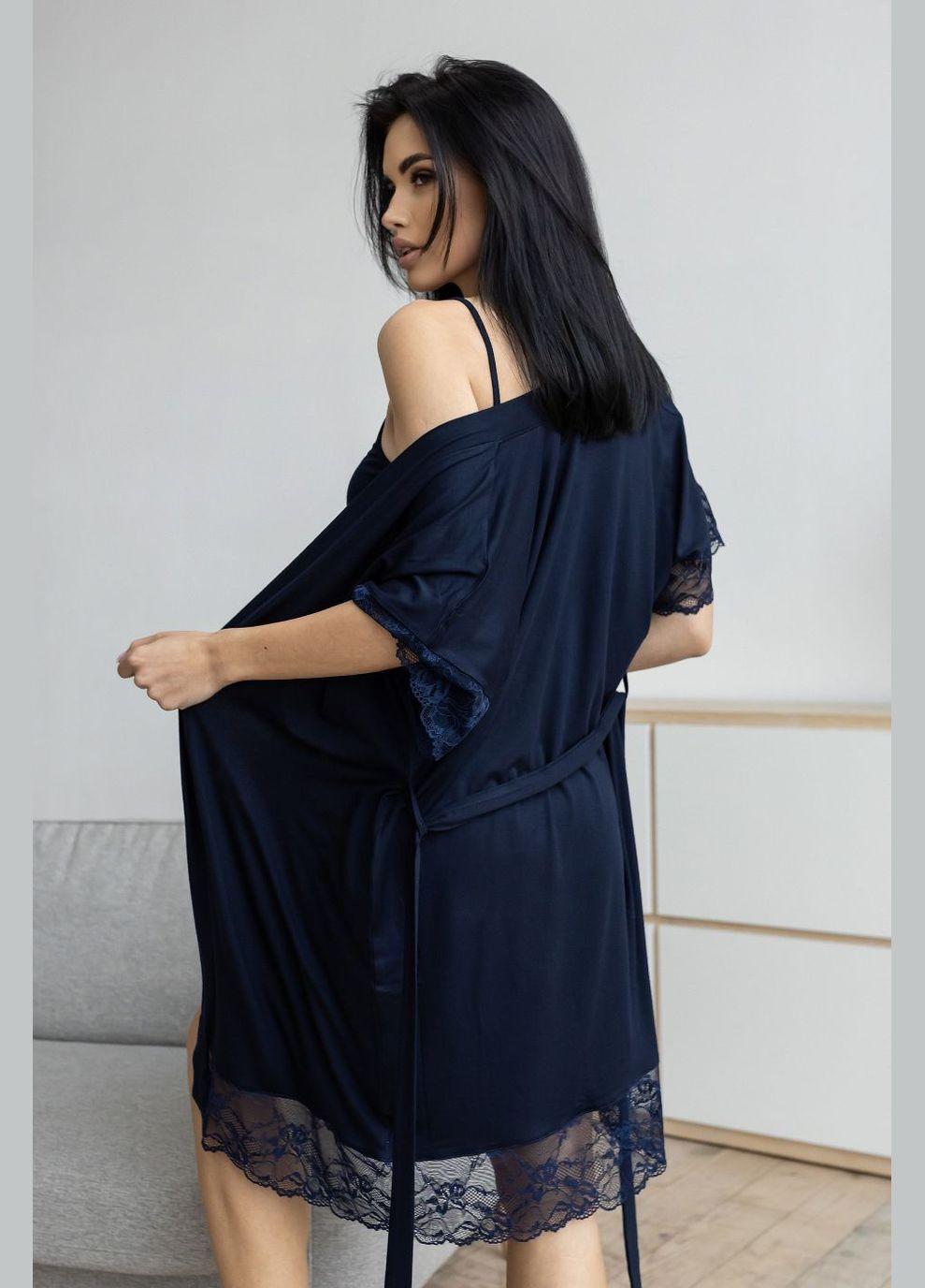 Халат легкий жіночий, з мереживом Хс1201 Синій MiaNaGreen (293942433)