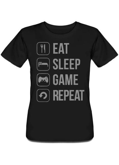 Черная летняя женская футболка "eat sleep game repeat" (чёрная) Fat Cat