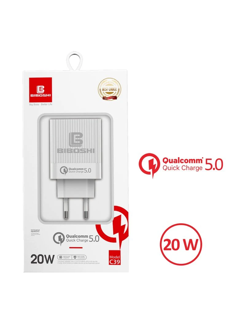 Сетевое зарядное устройство C39 1 USB 20W / QC5.0 + кабель Lightning white Biboshi (322818936)