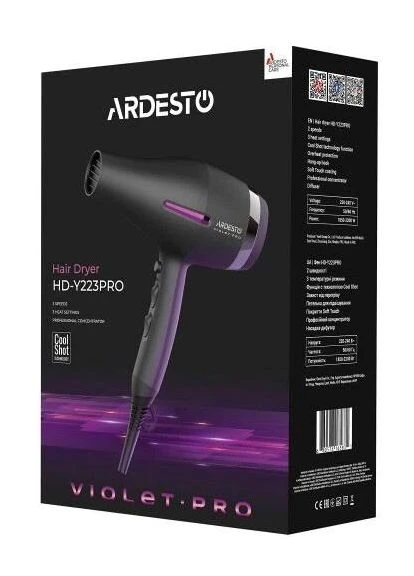Фен HD-Y223PRO,, 2200W, 2 швидкості, 3 режими, дифузор, концентратор, функція "Cool Shot", захист від перегріву, Soft Touch Ardesto (395352840)