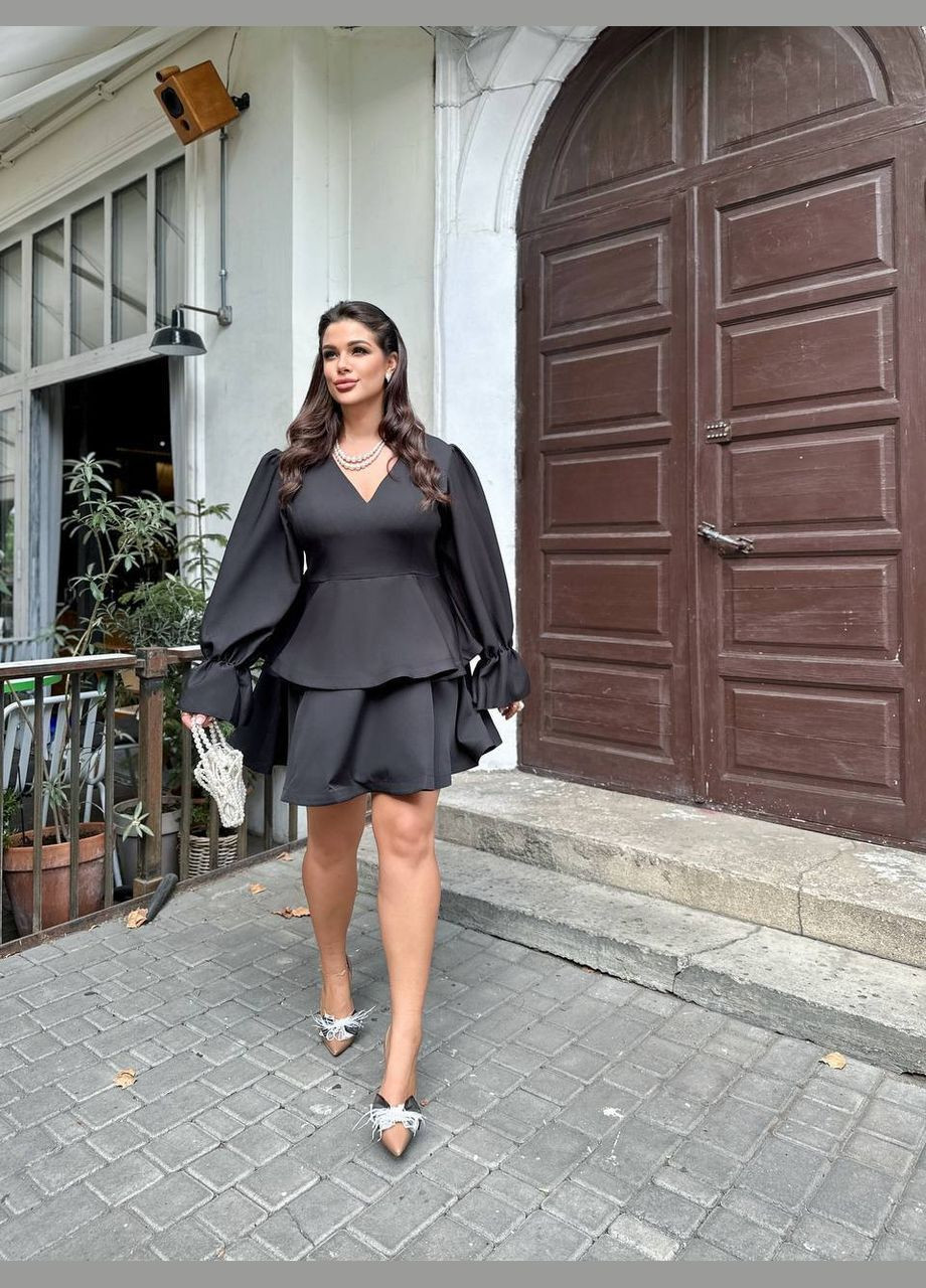 Черное праздничный, коктейльное, вечернее мини платье с воланами бэби долл Україна однотонное