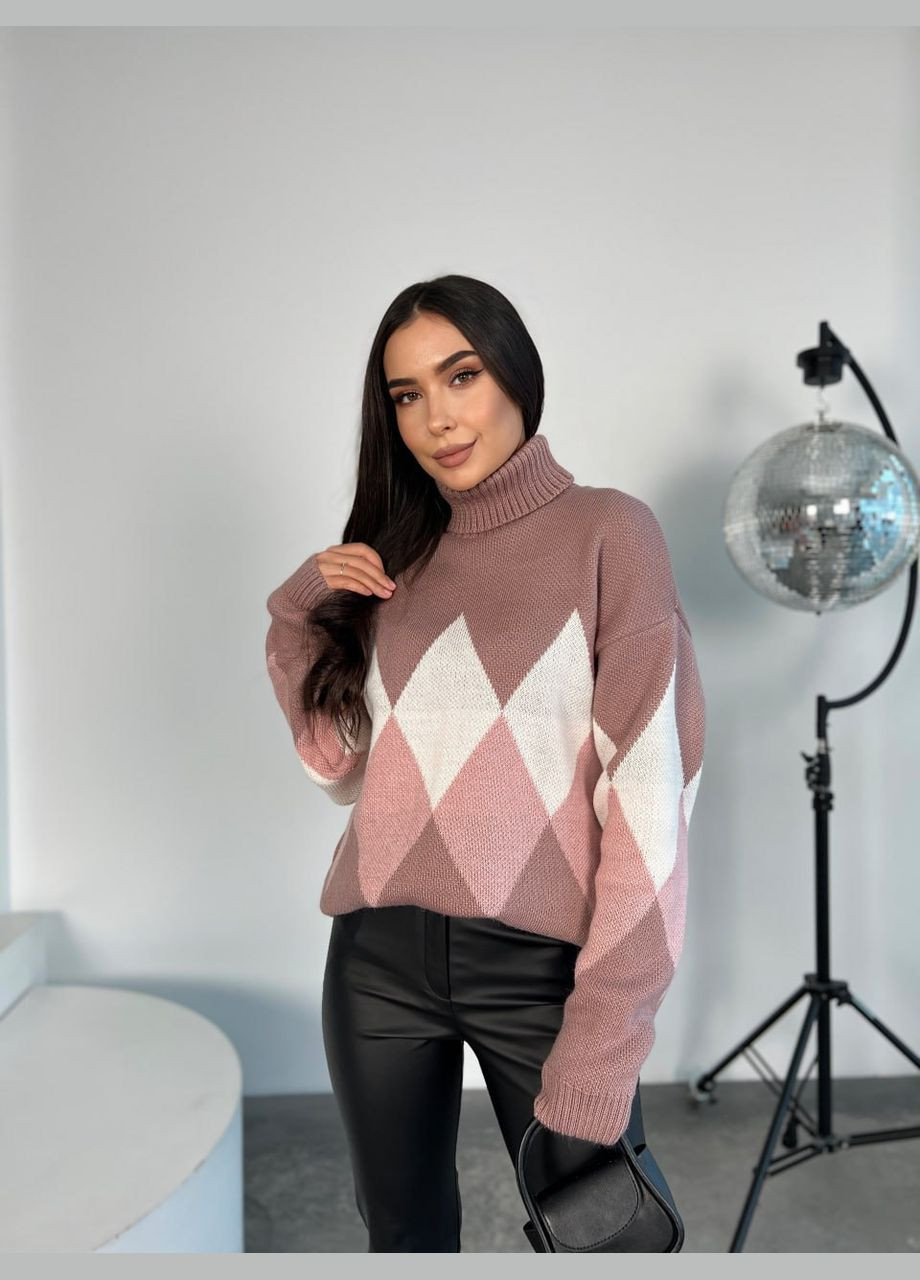 Пудровый зимний женский теплый свитер с горловиной пудрового цвета 30269 Fashion