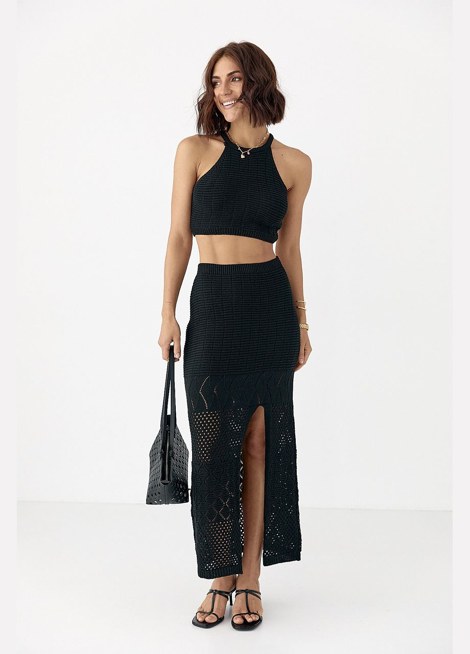 Літній в'язаний костюм зі спідницею та кроп-топом Lurex (335400998)