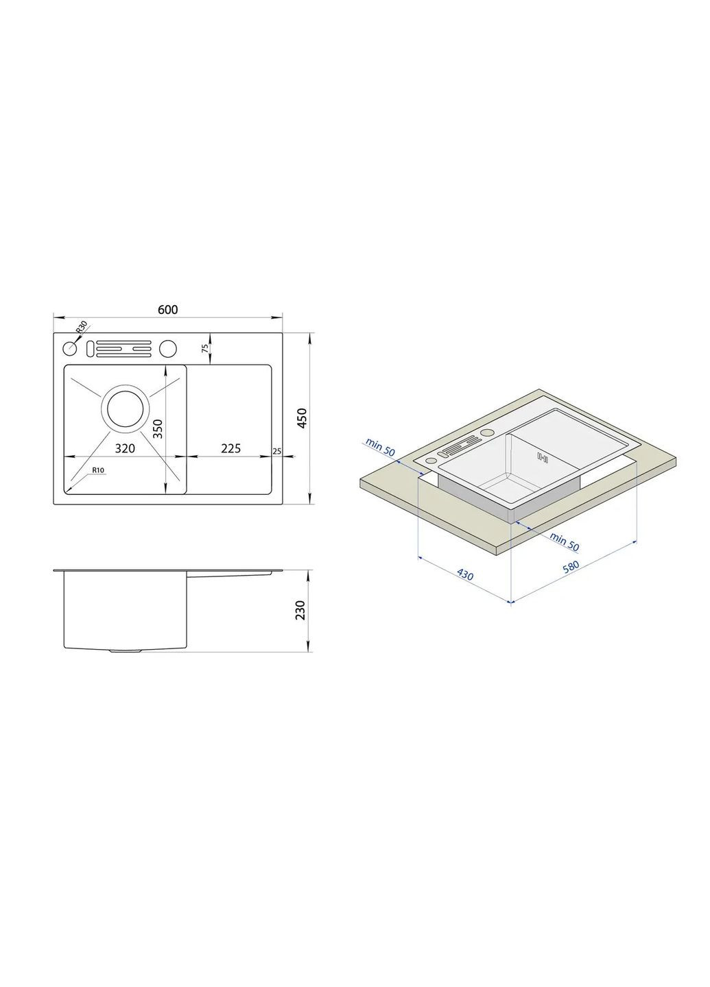 Черная кухонная мойка накладная с левым крылом 1.5 мм NB-6045(L) Nett (336937141)
