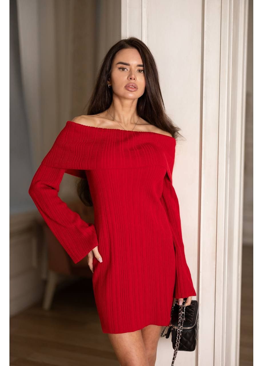 Червона повсякденний жіноча в'язана сукня з відкритими плечима з відкритими плечима KaraMix однотонна