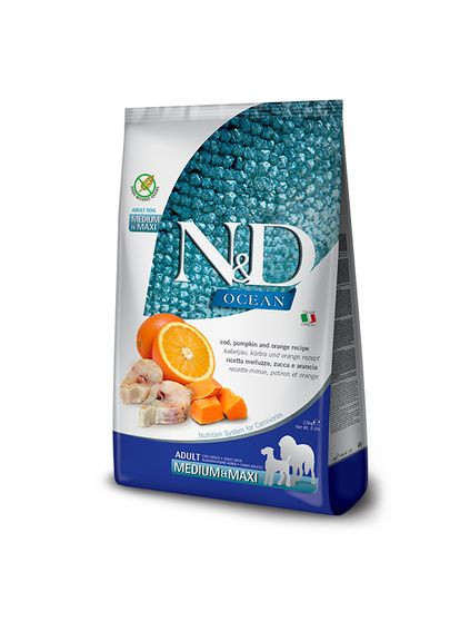 Беззерновий сухий корм N&D Grain Free OCEAN PUMPKIN для собак середніх і великих порід з тріскою та апельсином 2,5 кг Farmina (335971560)
