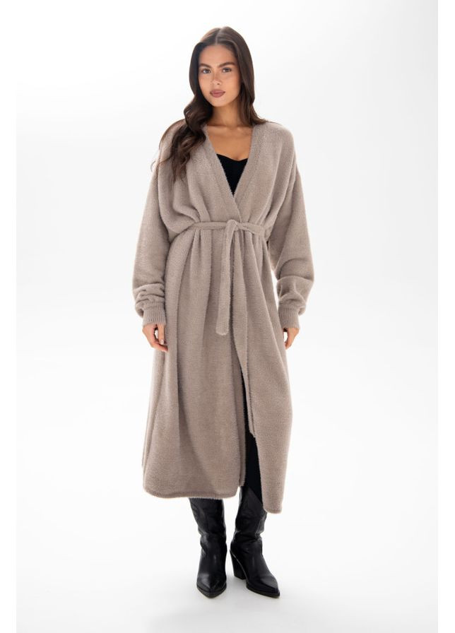 Бежевая демисезонная женский вязаный кардиган длинный beige one size 854314 German Volf 25112