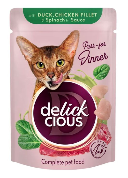 Вологий корм для котів шматочки з качкою, куркою та шпинатом соусі 85 г B5410101 Delickcious (328450983)