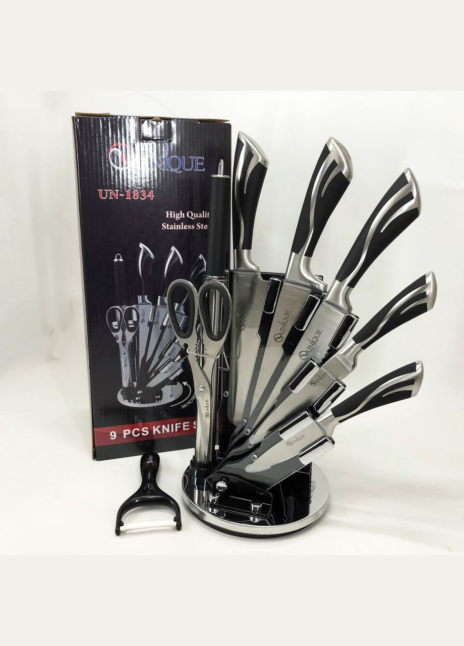 Набор ножей UN-1834 с вращающейся подставкой 9 предметов, Ножи кухонные из нержавеющей стали Unique (364663843)